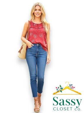 LOFT Red Floral Knit Tank Top M EUC Sleeveless Cotton Shell Blouse Summer Top